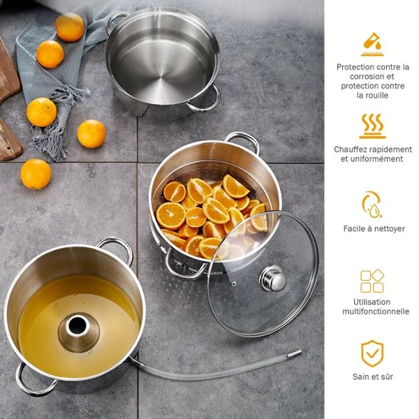 Extracteur de Jus / Fruit Cuiseur à Vapeur Φ26,5 cm / 9L en Acier inox. avec Couvercle Tuyau Pince-Induction