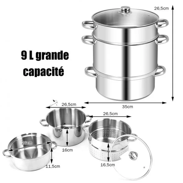 Extracteur de Jus / Fruit Cuiseur à Vapeur Φ26,5 cm / 9L en Acier inox. avec Couvercle Tuyau Pince-Induction