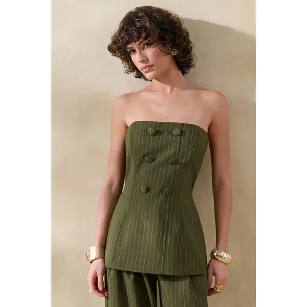 Fable | Top bandeau tailleur à fines rayures olive