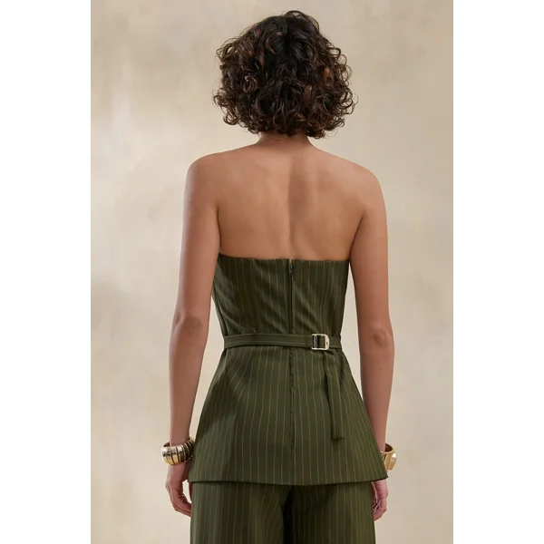 Fable | Top bandeau tailleur à fines rayures olive