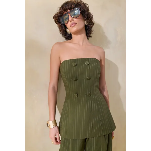 Fable | Top bandeau tailleur à fines rayures olive