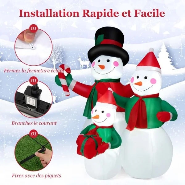Famille de Bonhommes de Neige Gonflable de 200 cm avec Lumières LED Piquets et Sacs de Sable