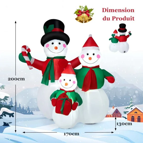 Famille de Bonhommes de Neige Gonflable de 200 cm avec Lumières LED Piquets et Sacs de Sable