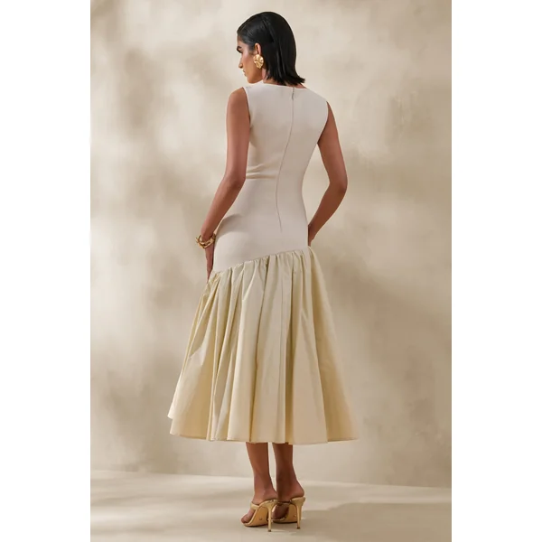Fantasia | Robe mi-longue à décolleté bateau Crème avec taille basse asymétrique
