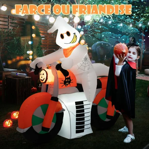 Fantôme Gonflable d'Halloween 155 cm Fantôme à Moto avec Lumières LED Gonfleur Étanche&Sacs de Sable pour Intérieur/Extérieur