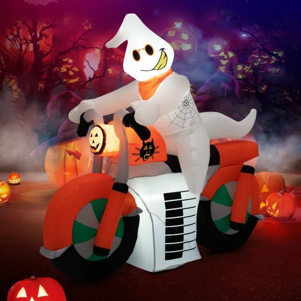 Fantôme Gonflable d'Halloween 155 cm Fantôme à Moto avec Lumières LED Gonfleur Étanche&Sacs de Sable pour Intérieur/Extérieur
