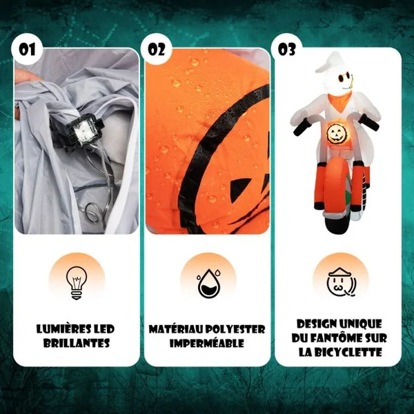Fantôme Gonflable d'Halloween 155 cm Fantôme à Moto avec Lumières LED Gonfleur Étanche&Sacs de Sable pour Intérieur/Extérieur