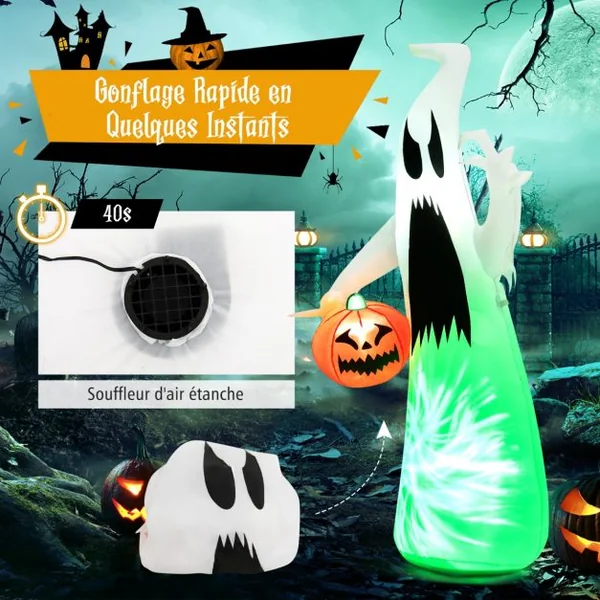 Fantôme Gonflable d'Halloween 172cm Décoration de Vacance avec Citrouille Lumière LED Intégrée pour Arrière-Cours Jardin Pelouse