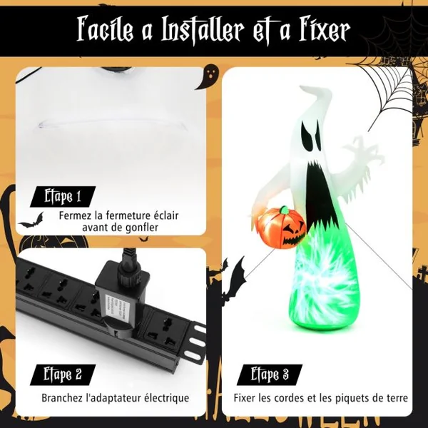 Fantôme Gonflable d'Halloween 172cm Décoration de Vacance avec Citrouille Lumière LED Intégrée pour Arrière-Cours Jardin Pelouse