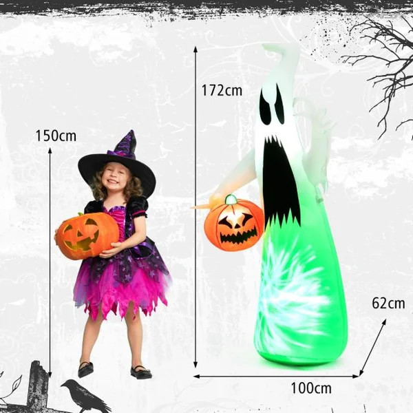 Fantôme Gonflable d'Halloween 172cm Décoration de Vacance avec Citrouille Lumière LED Intégrée pour Arrière-Cours Jardin Pelouse