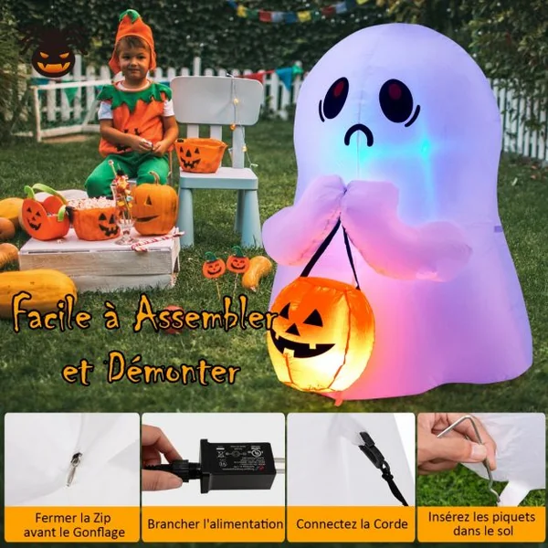 Fantôme Gonflable d'Halloween Hauteur 120 CM Décoration Extérieure d'Halloween avec Lumières LED pour Cour Pelouse