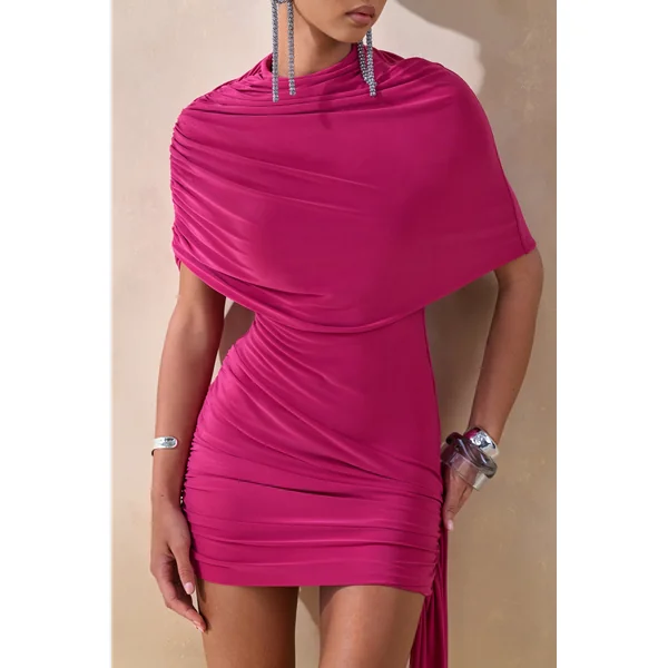 Farrah | Mini-robe drapée rose vif à col haut avec ceinture