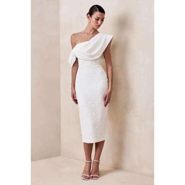 Farvera | Robe mi-longue blanche en dentelle à encolure asymétrique drapée