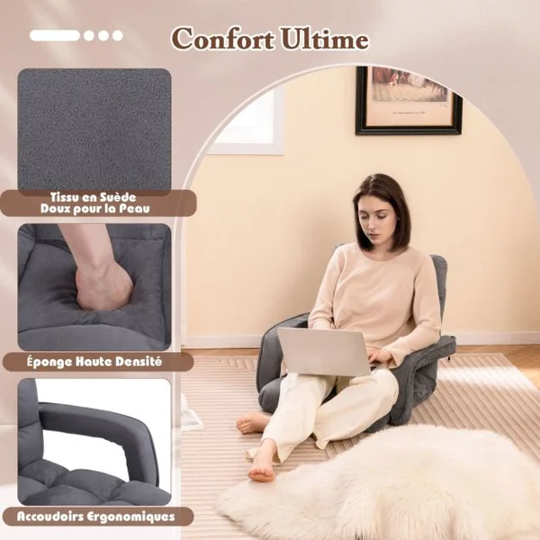 Fauteuil au Sol avec Support Dorsal Fauteuil de Sol Réglable à 6 Positions avec Accoudoirs Position Allongée Gris