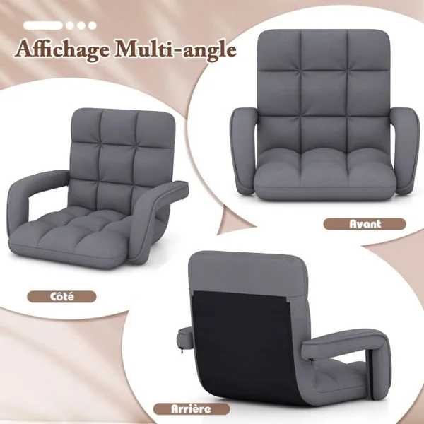 Fauteuil au Sol avec Support Dorsal Fauteuil de Sol Réglable à 6 Positions avec Accoudoirs Position Allongée Gris