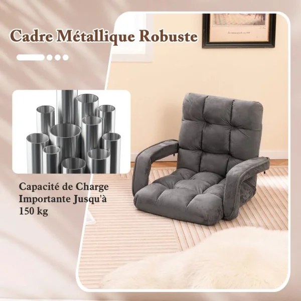 Fauteuil au Sol avec Support Dorsal Fauteuil de Sol Réglable à 6 Positions avec Accoudoirs Position Allongée Gris