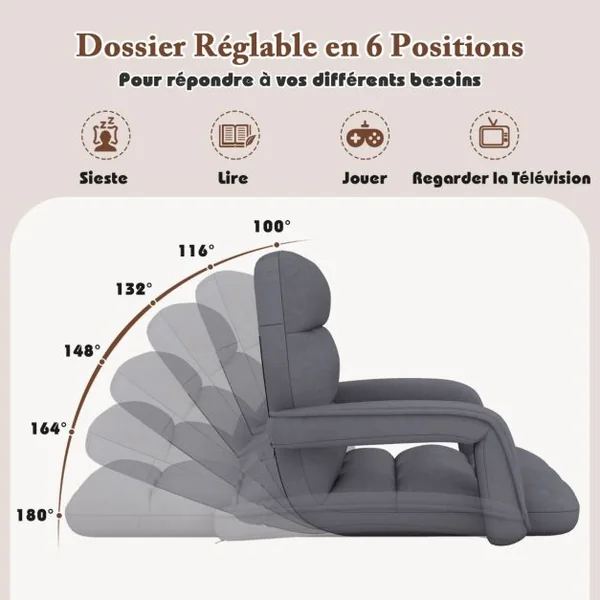 Fauteuil au Sol avec Support Dorsal Fauteuil de Sol Réglable à 6 Positions avec Accoudoirs Position Allongée Gris