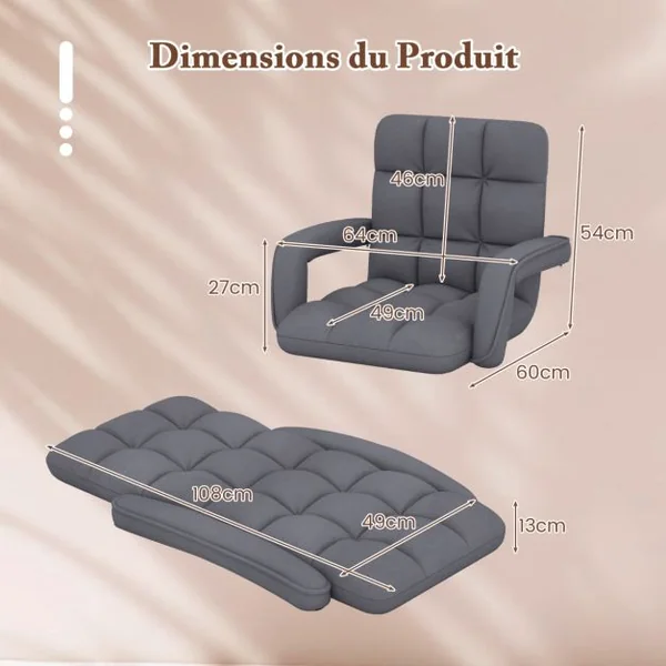 Fauteuil au Sol avec Support Dorsal Fauteuil de Sol Réglable à 6 Positions avec Accoudoirs Position Allongée Gris