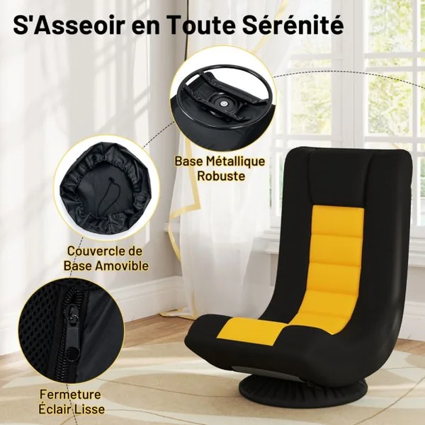 Fauteuil au Sol Pivotant à 360° Canapé de Sol Pliable Réglable à 4 Positions avec Support Lombaire Jaune et Noir