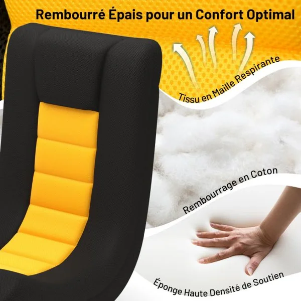 Fauteuil au Sol Pivotant à 360° Canapé de Sol Pliable Réglable à 4 Positions avec Support Lombaire Jaune et Noir