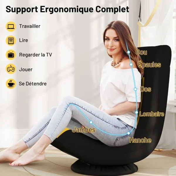 Fauteuil au Sol Pivotant à 360° Canapé de Sol Pliable Réglable à 4 Positions avec Support Lombaire Jaune et Noir