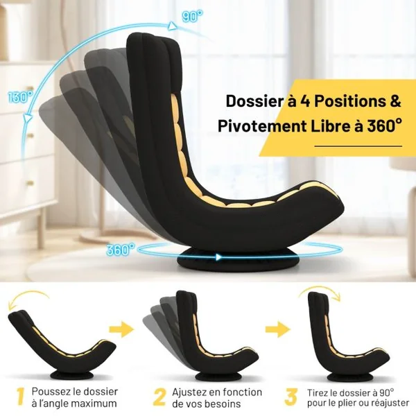 Fauteuil au Sol Pivotant à 360° Canapé de Sol Pliable Réglable à 4 Positions avec Support Lombaire Jaune et Noir