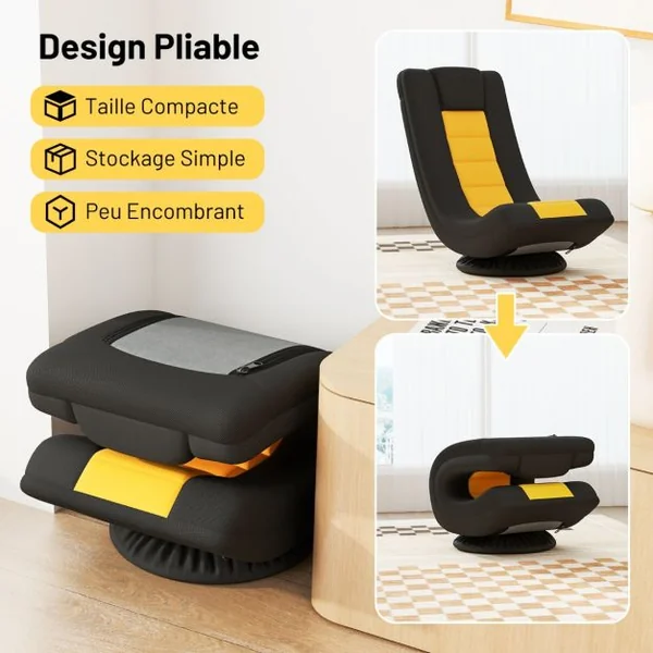 Fauteuil au Sol Pivotant à 360° Canapé de Sol Pliable Réglable à 4 Positions avec Support Lombaire Jaune et Noir