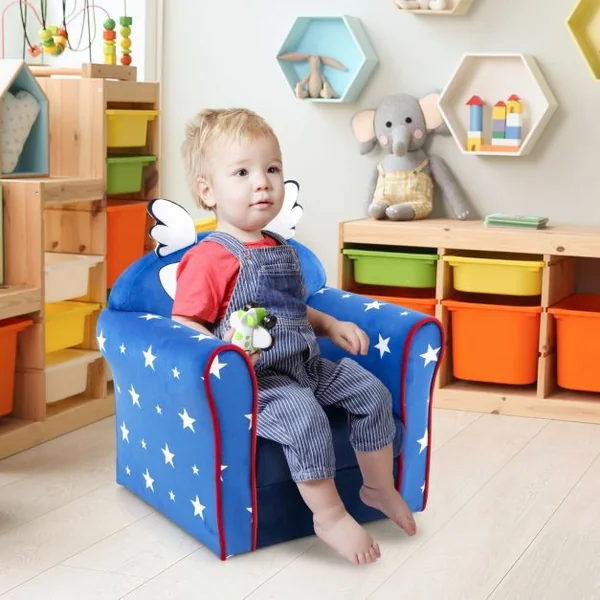Fauteuil Bébé en Velours Cadre en Bois Patins Antidérapants Canapé Enfants 0-5 Ans Motif Aile