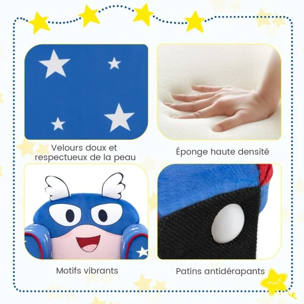 Fauteuil Bébé en Velours Cadre en Bois Patins Antidérapants Canapé Enfants 0-5 Ans Motif Aile