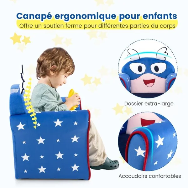 Fauteuil Bébé en Velours Cadre en Bois Patins Antidérapants Canapé Enfants 0-5 Ans Motif Aile