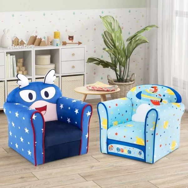 Fauteuil Bébé en Velours Cadre en Bois Patins Antidérapants Canapé Enfants 0-5 Ans Motif Fusée