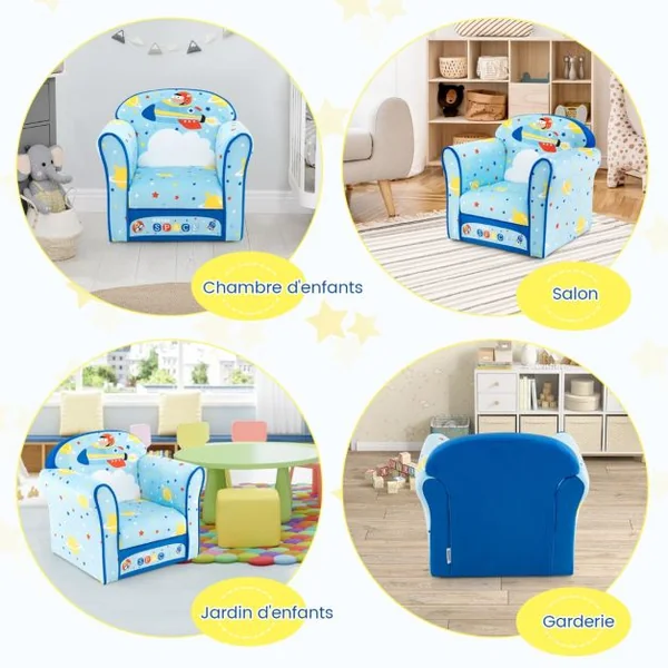 Fauteuil Bébé en Velours Cadre en Bois Patins Antidérapants Canapé Enfants 0-5 Ans Motif Fusée