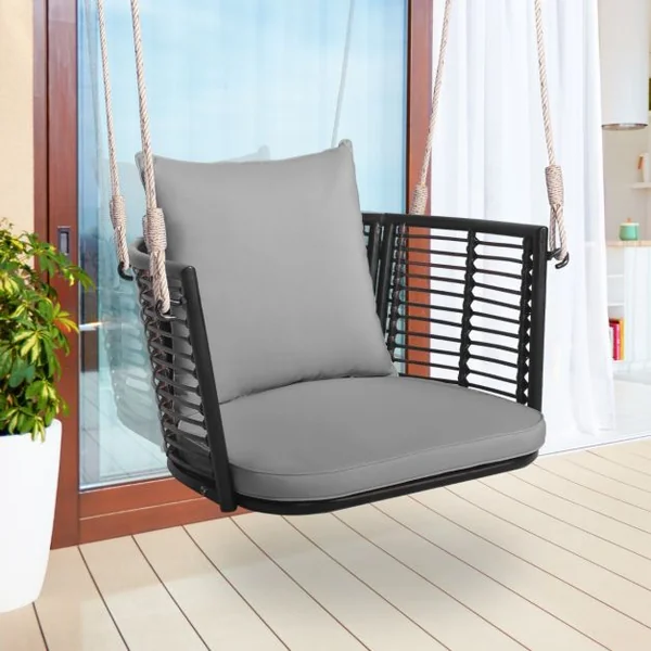 Fauteuil Chaise Suspendu en Rotin PE Charge 180KG 2 Cordes Crochets Cadre en Métal Coussins Porche Jardin Beige/Blanc/Gris