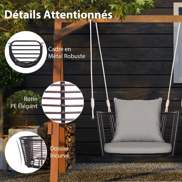 Fauteuil Chaise Suspendu en Rotin PE Charge 180KG 2 Cordes Crochets Cadre en Métal Coussins Porche Jardin Beige/Blanc/Gris
