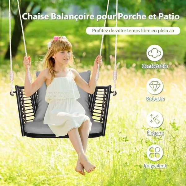 Fauteuil Chaise Suspendu en Rotin PE Charge 180KG 2 Cordes Crochets Cadre en Métal Coussins Porche Jardin Beige/Blanc/Gris
