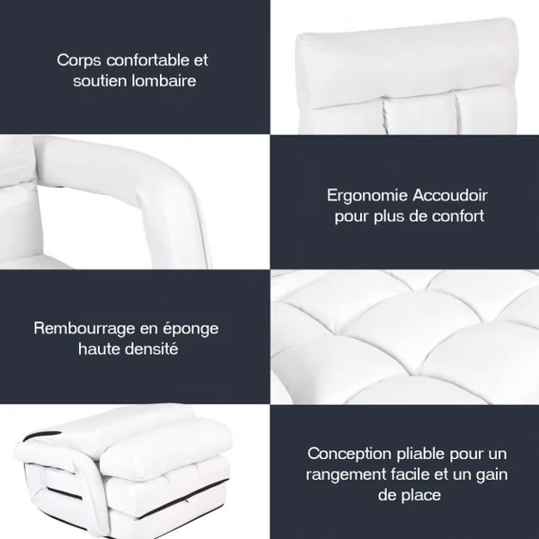 Fauteuil Convertible Chauffeuse Convertible 1 Place avec Oreiller 5 Positions en Tissu Lin Éponge 54x56x70cm Blanc