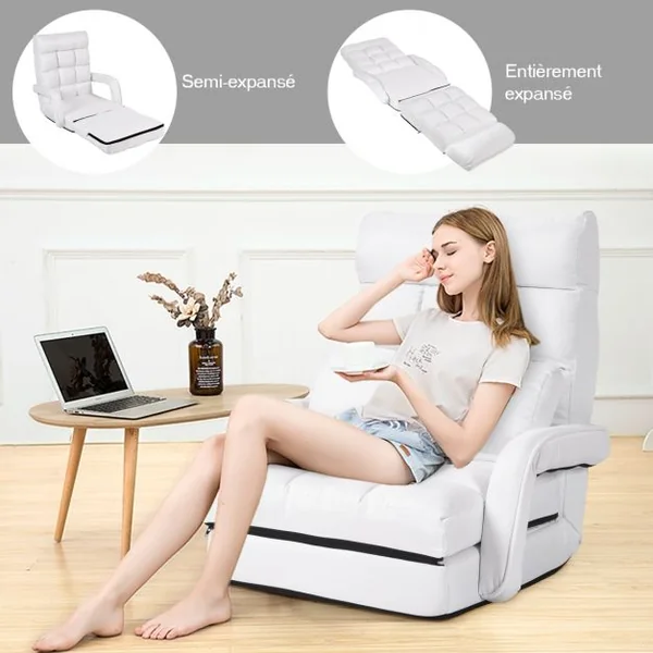 Fauteuil Convertible Chauffeuse Convertible 1 Place avec Oreiller 5 Positions en Tissu Lin Éponge 54x56x70cm Blanc