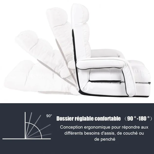 Fauteuil Convertible Chauffeuse Convertible 1 Place avec Oreiller 5 Positions en Tissu Lin Éponge 54x56x70cm Blanc