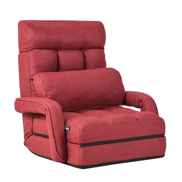 Fauteuil Convertible Chauffeuse Convertible 1 Place avec Oreiller 5 Positions en Tissu Lin Éponge 54x56x70cm Rouge