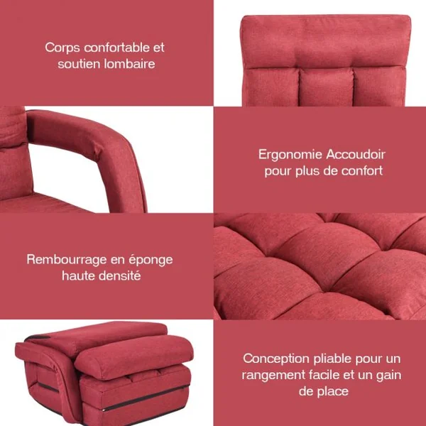 Fauteuil Convertible Chauffeuse Convertible 1 Place avec Oreiller 5 Positions en Tissu Lin Éponge 54x56x70cm Rouge