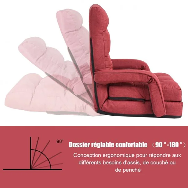 Fauteuil Convertible Chauffeuse Convertible 1 Place avec Oreiller 5 Positions en Tissu Lin Éponge 54x56x70cm Rouge