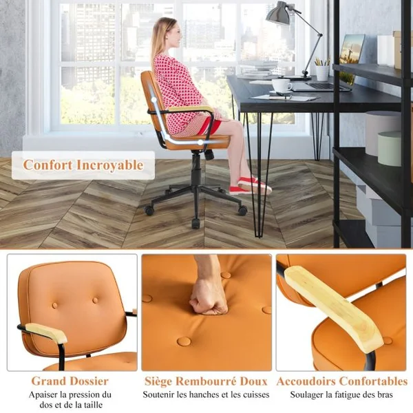 Fauteuil de Bureau - Dossier à Bascule - Accoudoir Ergonomique en PU Hauteur d’Assise Réglable 48 - 55,5 CM Orange