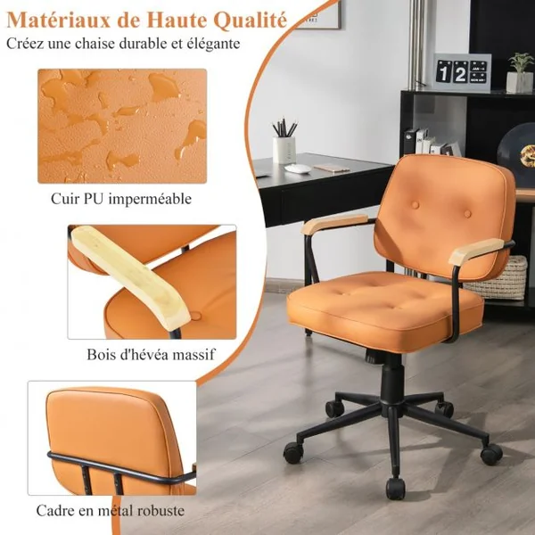Fauteuil de Bureau - Dossier à Bascule - Accoudoir Ergonomique en PU Hauteur d’Assise Réglable 48 - 55,5 CM Orange