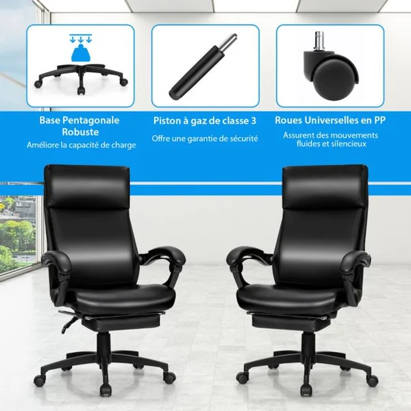 Fauteuil de Bureau Pivotant Dossier Inclinable Ergonomique avec Repose-Pieds Réglable en Hauteur 62 x 71,5 x 109-119 cm Noir