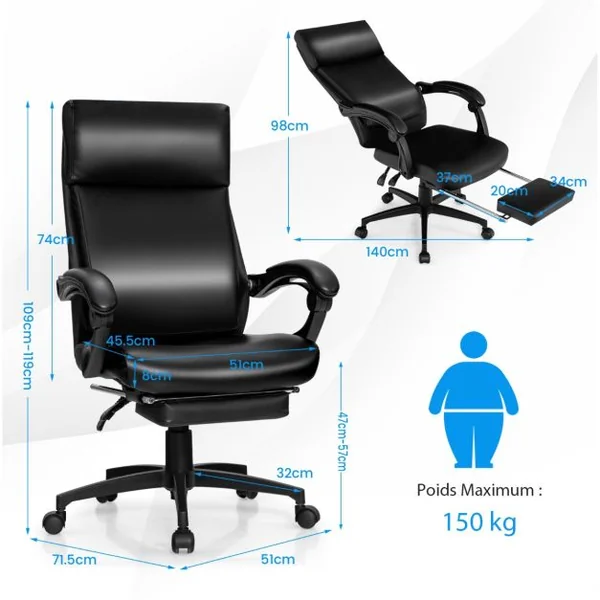 Fauteuil de Bureau Pivotant Dossier Inclinable Ergonomique avec Repose-Pieds Réglable en Hauteur 62 x 71,5 x 109-119 cm Noir