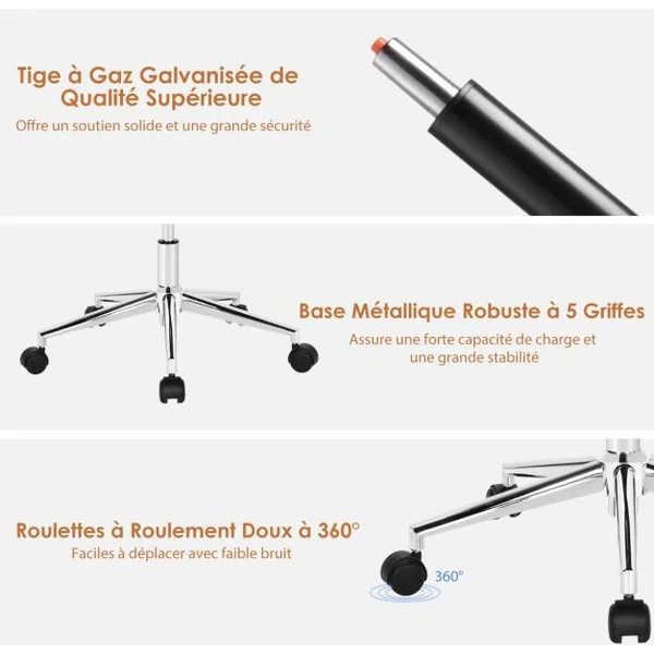 Fauteuil de Bureau à Bascule Moderne Pivotante en Similicuir Ultra Souple Hauteur Réglable Gris