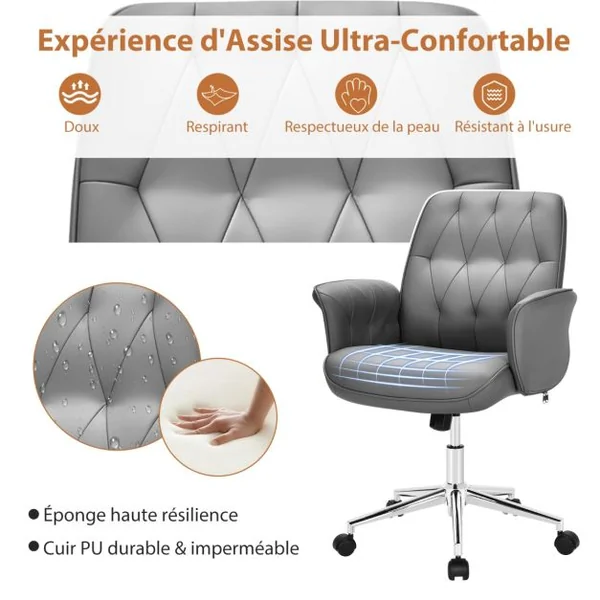 Fauteuil de Bureau à Bascule Moderne Pivotante en Similicuir Ultra Souple Hauteur Réglable Gris