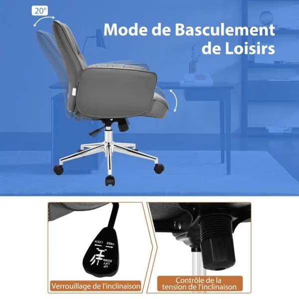 Fauteuil de Bureau à Bascule Moderne Pivotante en Similicuir Ultra Souple Hauteur Réglable Gris