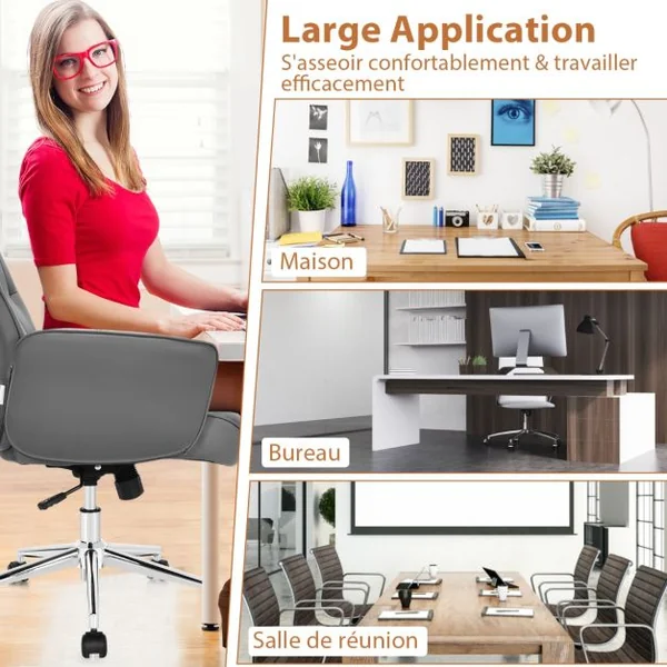 Fauteuil de Bureau à Bascule Moderne Pivotante en Similicuir Ultra Souple Hauteur Réglable Gris