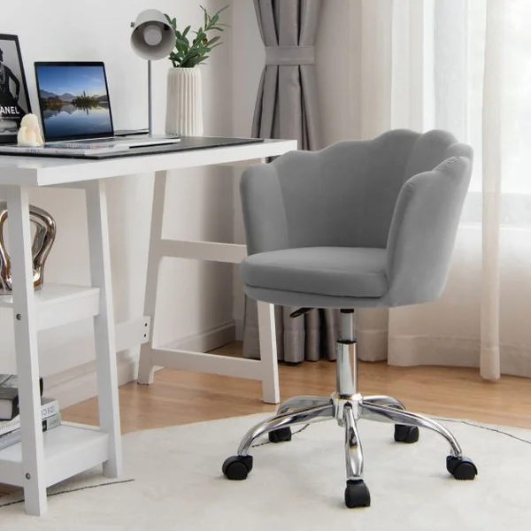 Fauteuil de Bureau à Roulettes Chaise de Coiffeuse - Velours - Hauteur Réglable H 74,5-84 CM - Forme de Pétale Gris
